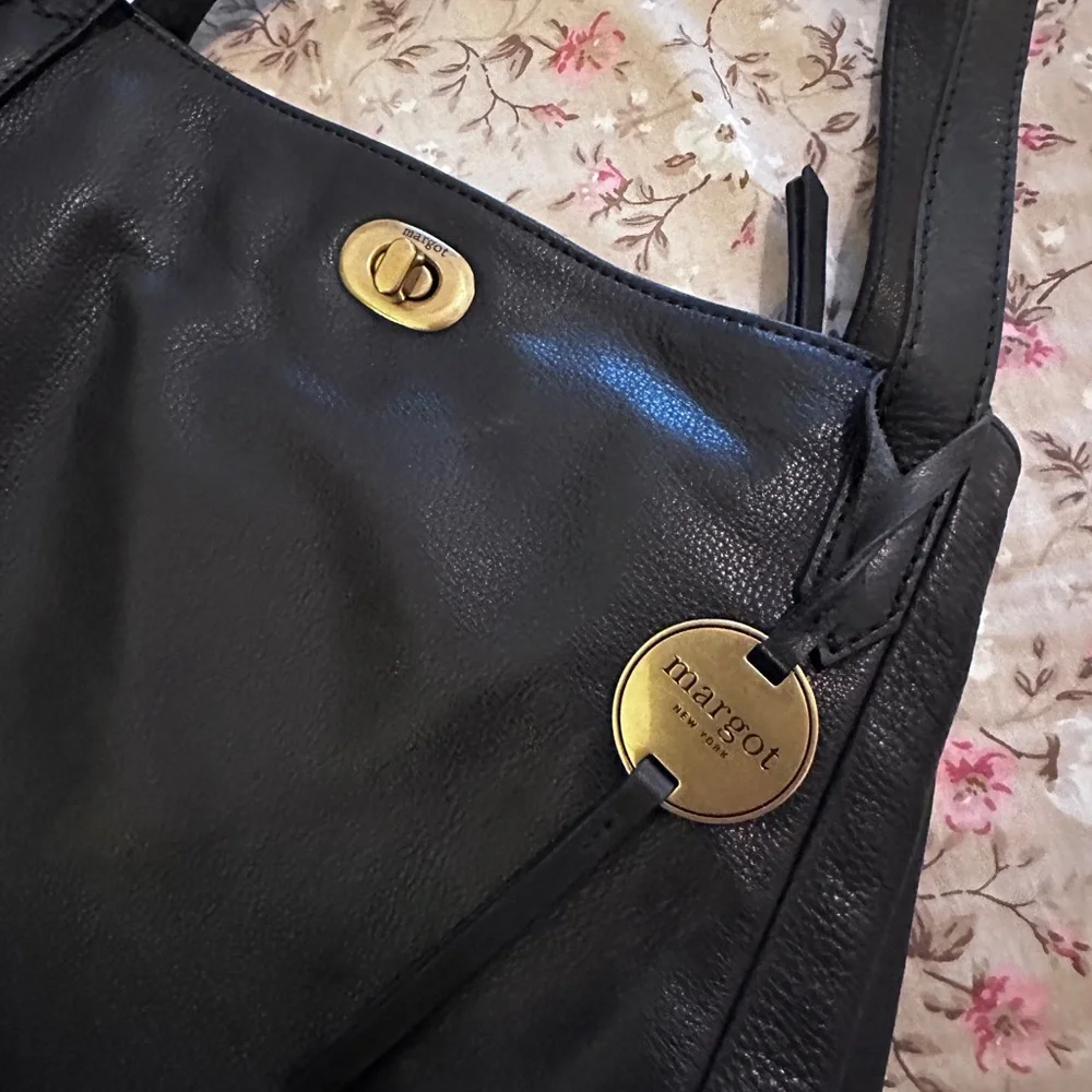margot Black Leather Shoulder Bag with Gold Hardware